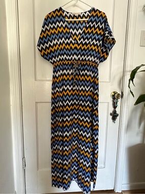Michael Kors Chevron Maxi Dress in Blue, Mustard & Black